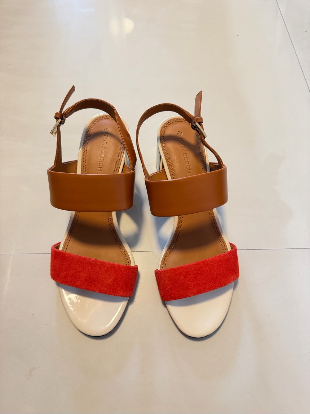Tory Burch Red Suede & Tan Leather Open-Toe Slingback Sandals